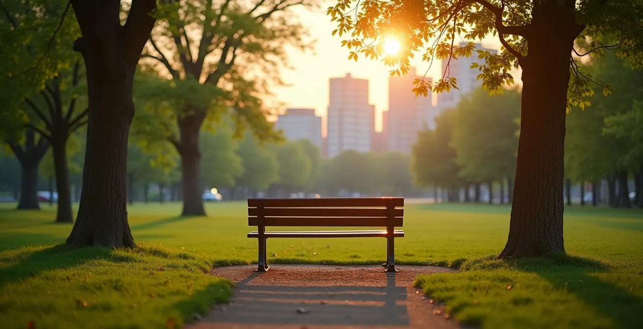 Weitwinkelaufnahme eines ruhigen Parks als Kontrast zum städtischen Stress
