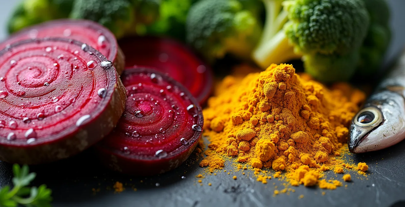 Frische antientzündliche Lebensmittel aus deutschen Supermärkten arrangiert