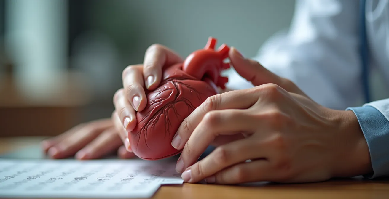 Die Hände eines Arztes erklären einem Patienten Details an einem anatomischen Herzmodell, um die Erkrankung verständlich zu machen.