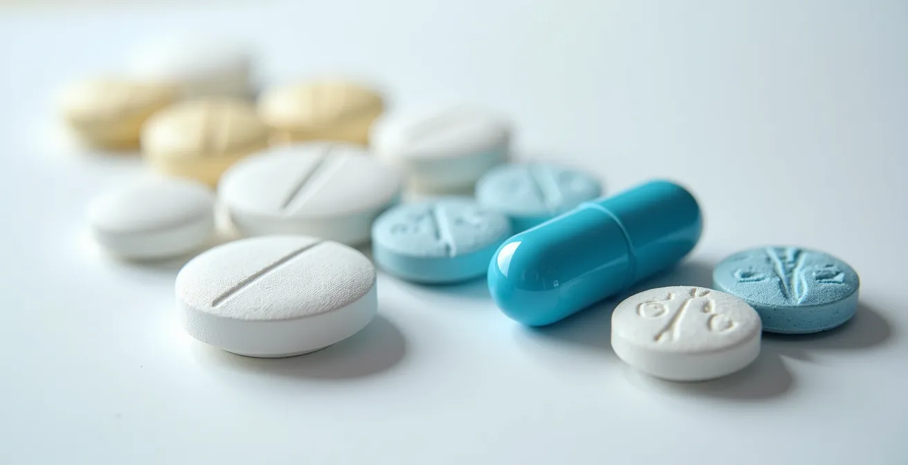 Nahaufnahme verschiedener Antikoagulanzien-Tabletten auf neutralem Hintergrund