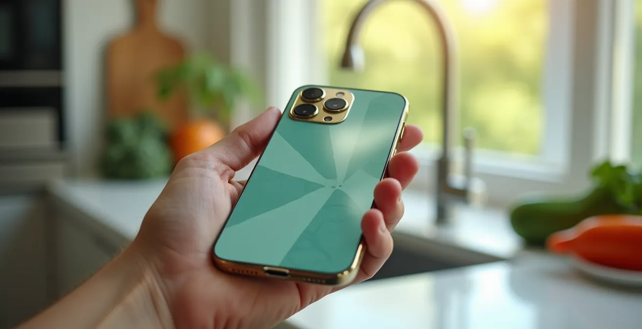 Eine Person hält ein Smartphone in der Hand, auf dem Apps für das Gewichtsmanagement zu sehen sind, im Hintergrund eine gesunde Küchenumgebung.