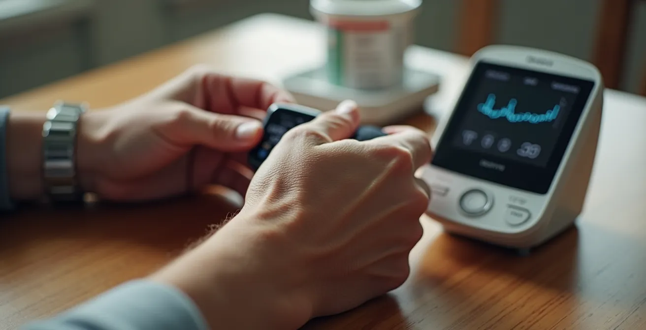 Herzpatient nutzt Smartwatch und digitales Blutdruckmessgerät zur Selbstkontrolle