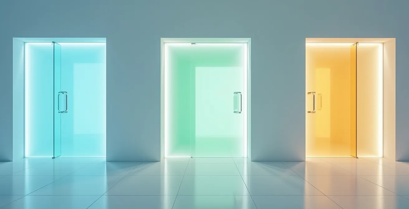 Der Weg vom Hausarzt zum spezialisierten Lipidologen in Deutschland, visualisiert durch eine Abfolge von drei Türen in einem modernen Klinikflur.