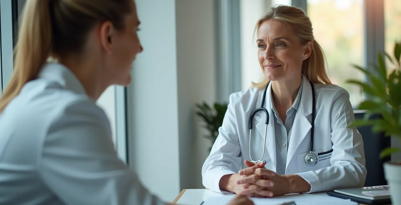 Eine Ärztin im Gespräch mit einer Patientin mittleren Alters über frauenspezifische Herzinfarkt-Symptome in einem professionellen Praxis-Umfeld.