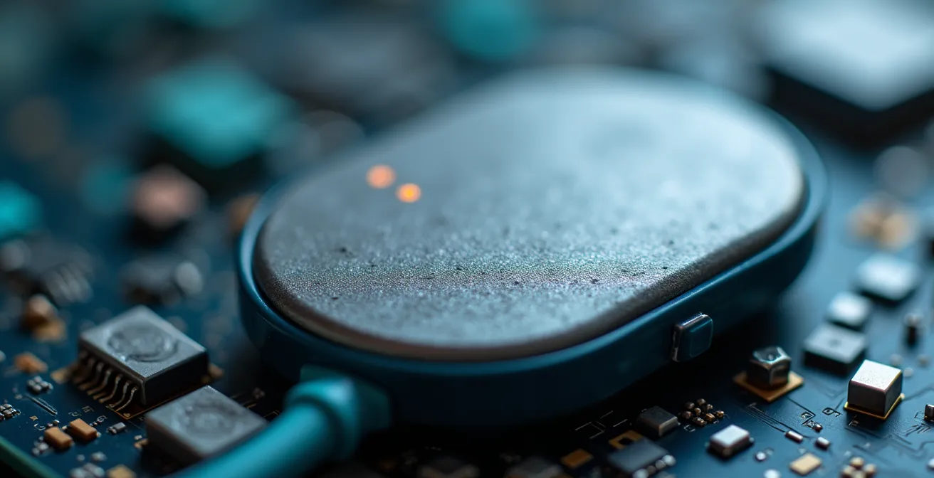 Makroaufnahme eines modernen Herzschrittmachers mit sichtbaren Sensoren