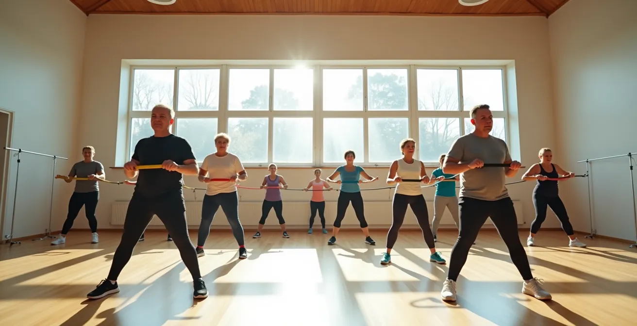 Menschen mit Herzerkrankungen beim angeleiteten Training in einer Herzsportgruppe