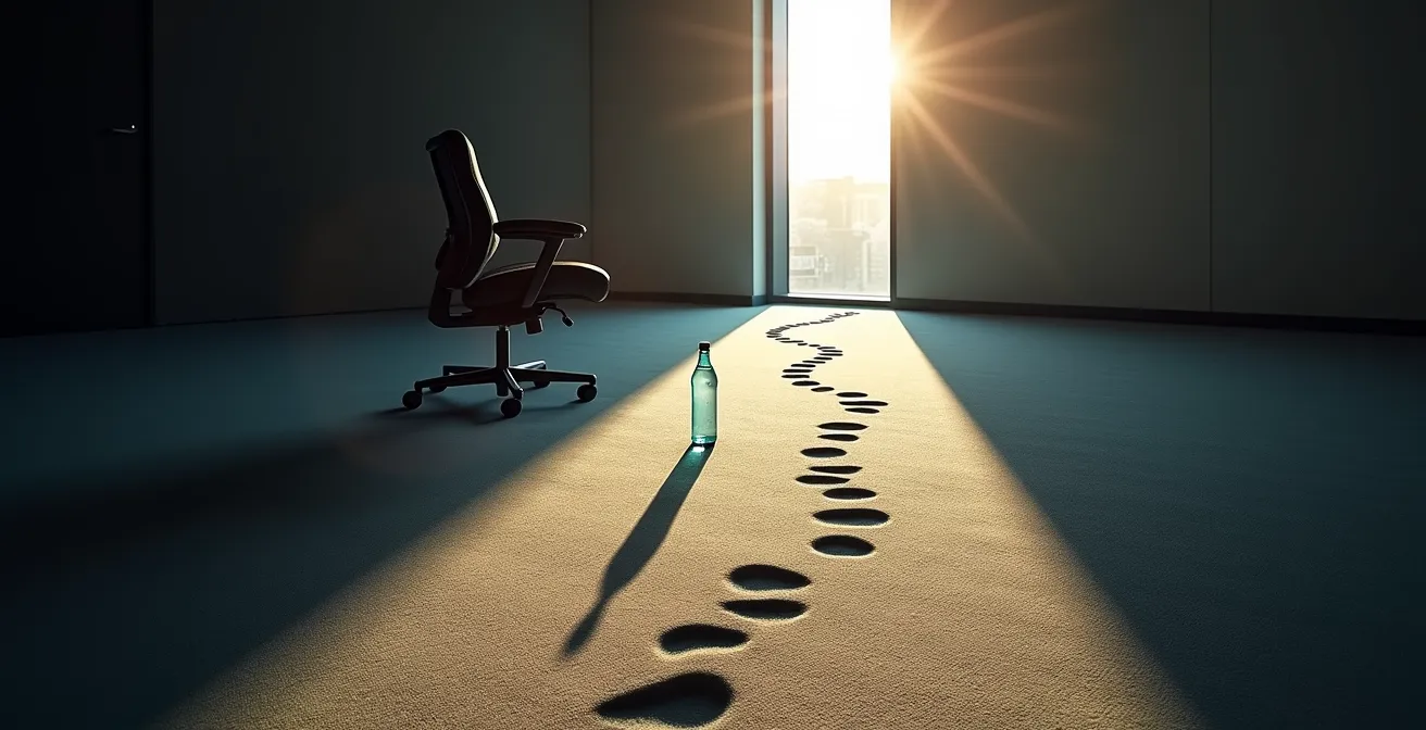 Eine konzeptionelle Darstellung von Wenn-Dann-Plänen, bei der Fußspuren auf einem Büroteppich einen Weg von einem Stuhl zu einem Fenster mit Licht weisen.