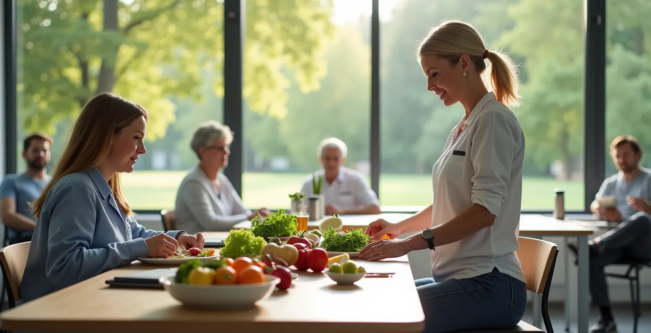 Patient in der dritten Rehabilitationswoche bei spezieller Schulung mit Ernährungsberaterin