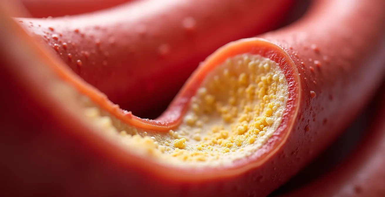 Makroaufnahme eines Arterienmodells, das Ablagerungen durch Lipoprotein(a) und Arterienverkalkung darstellt.