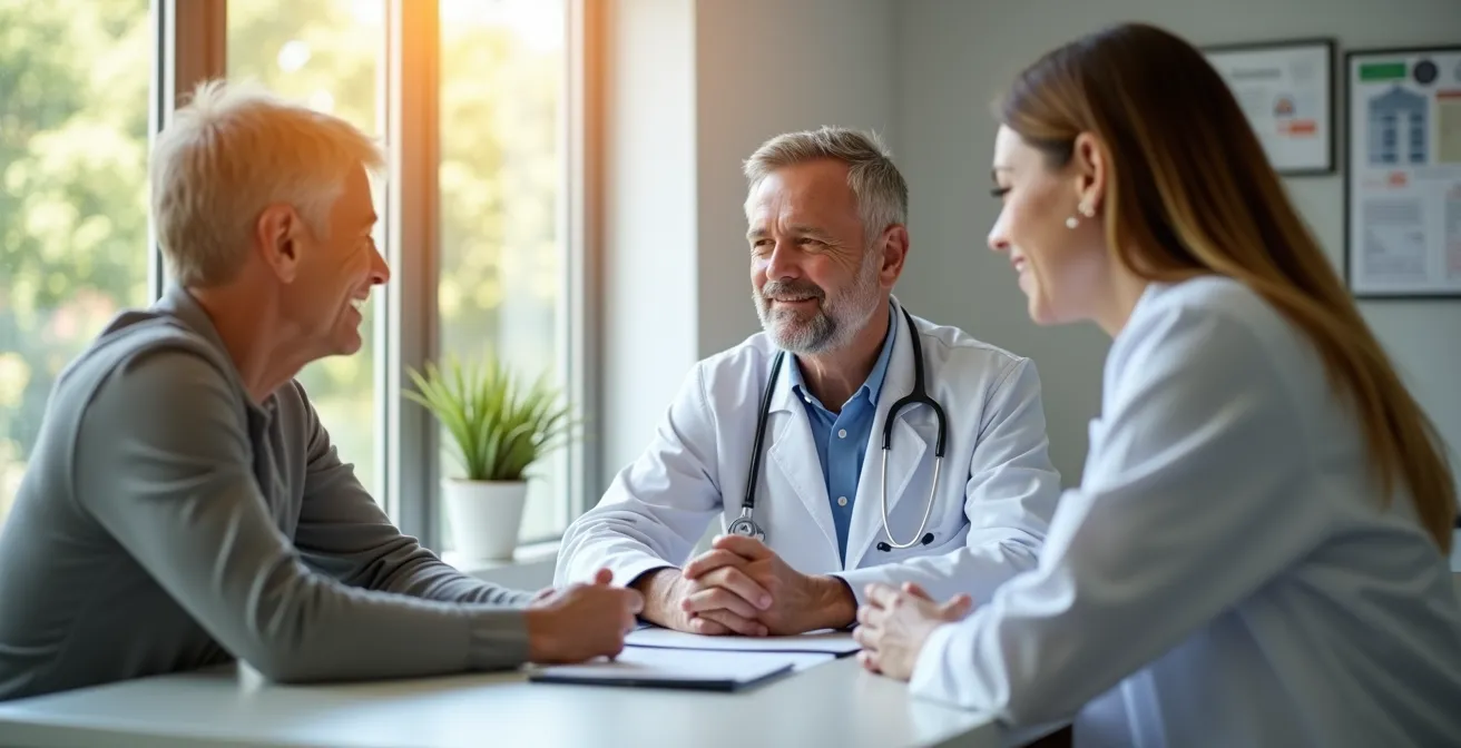 Ein Arzt im Gespräch mit einem Patienten über medikamentöse Therapieoptionen zur Gewichtserhaltung.