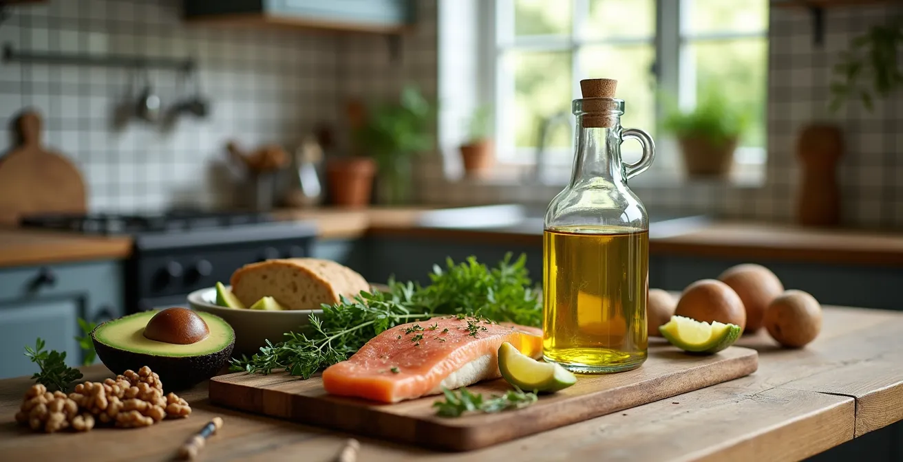 Mediterrane Lebensmittel mit deutschen Alternativen wie Rapsöl und Forelle auf einem Holztisch arrangiert