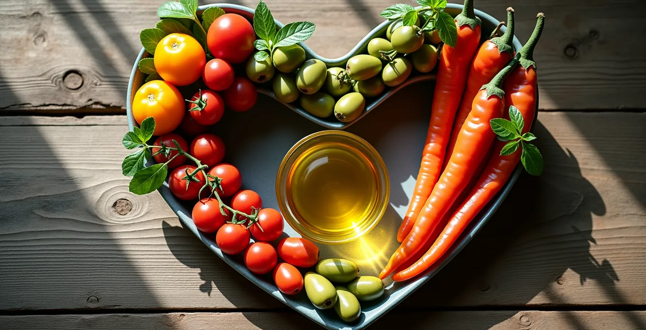 Eine Anordnung mediterraner Lebensmittel wie Olivenöl, Tomaten und Gemüse in Herzform, die den Herzschutz symbolisiert.