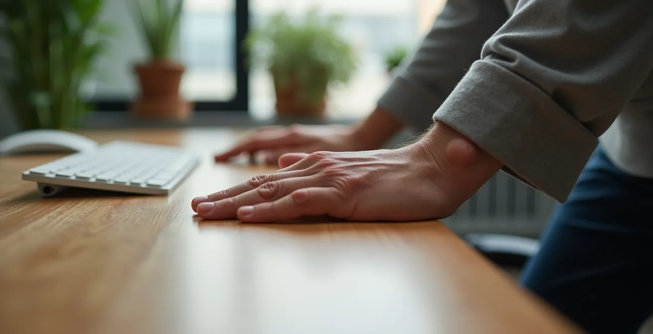 Person macht diskrete Dehnübungen am höhenverstellbaren Schreibtisch
