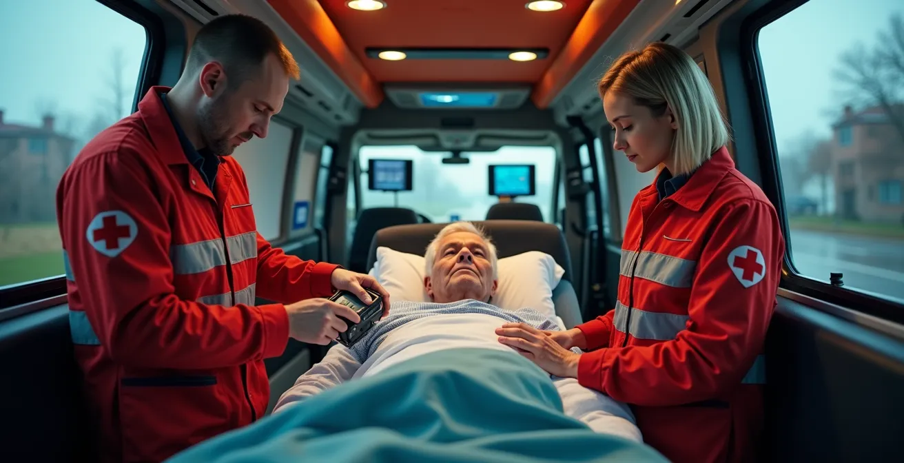 Rettungssanitäter versorgen Patienten mit mobilem EKG-Gerät