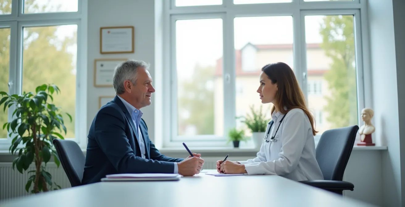Ein Patient stellt in einer modernen deutschen Kardiologie-Praxis gezielte Fragen an seinen Arzt.
