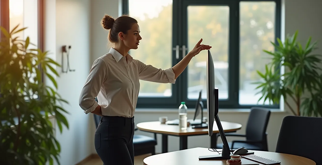 Eine Büroangestellte macht eine kurze Dehnübung an ihrem Stehschreibtisch während einer Arbeitspause.