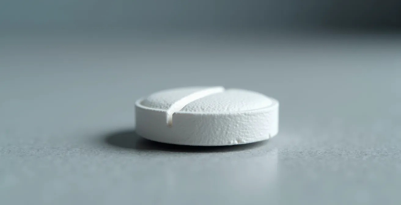 Extreme Nahaufnahme einer Tablette mit sichtbarer Bruchrille