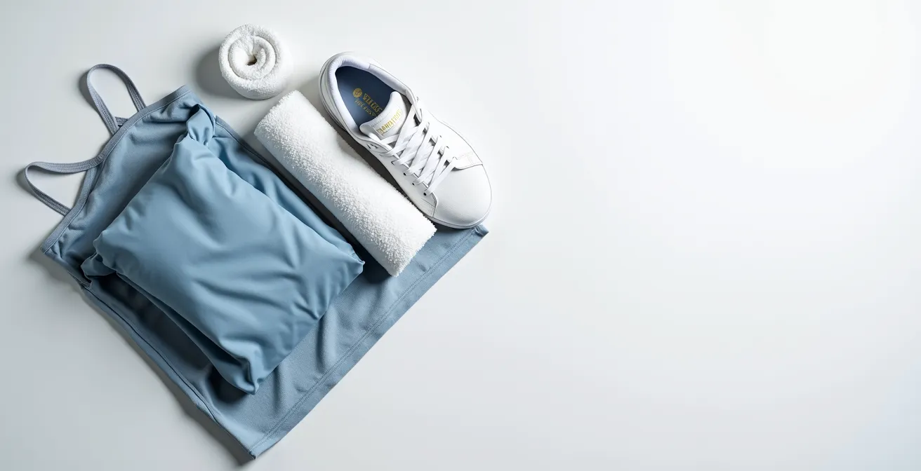 Sportkleidung, Turnschuhe und Handtuch ordentlich arrangiert für Belastungs-EKG-Termin