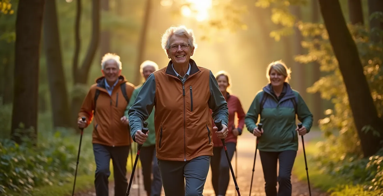 Gruppe beim gemeinsamen Nordic Walking im deutschen Waldpark
