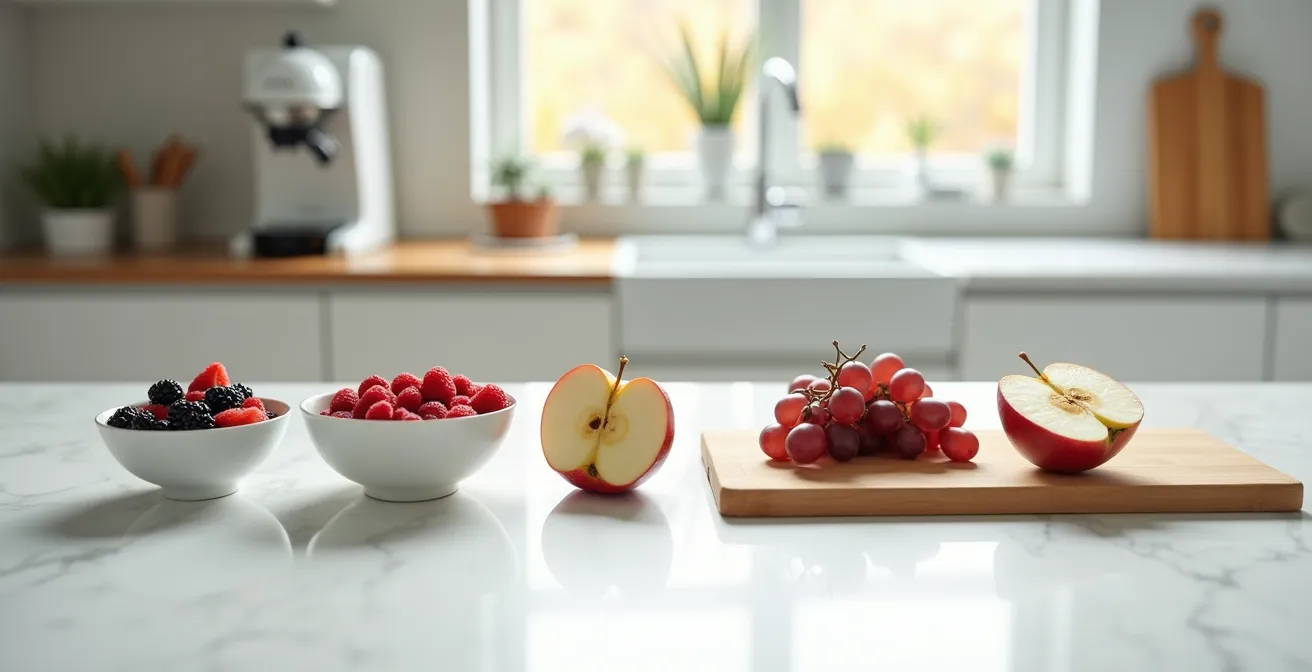 Ein minimalistischer Tagesplan auf einer Küchentheke, der fünf Portionen Obst und Gemüse von morgens bis abends darstellt.