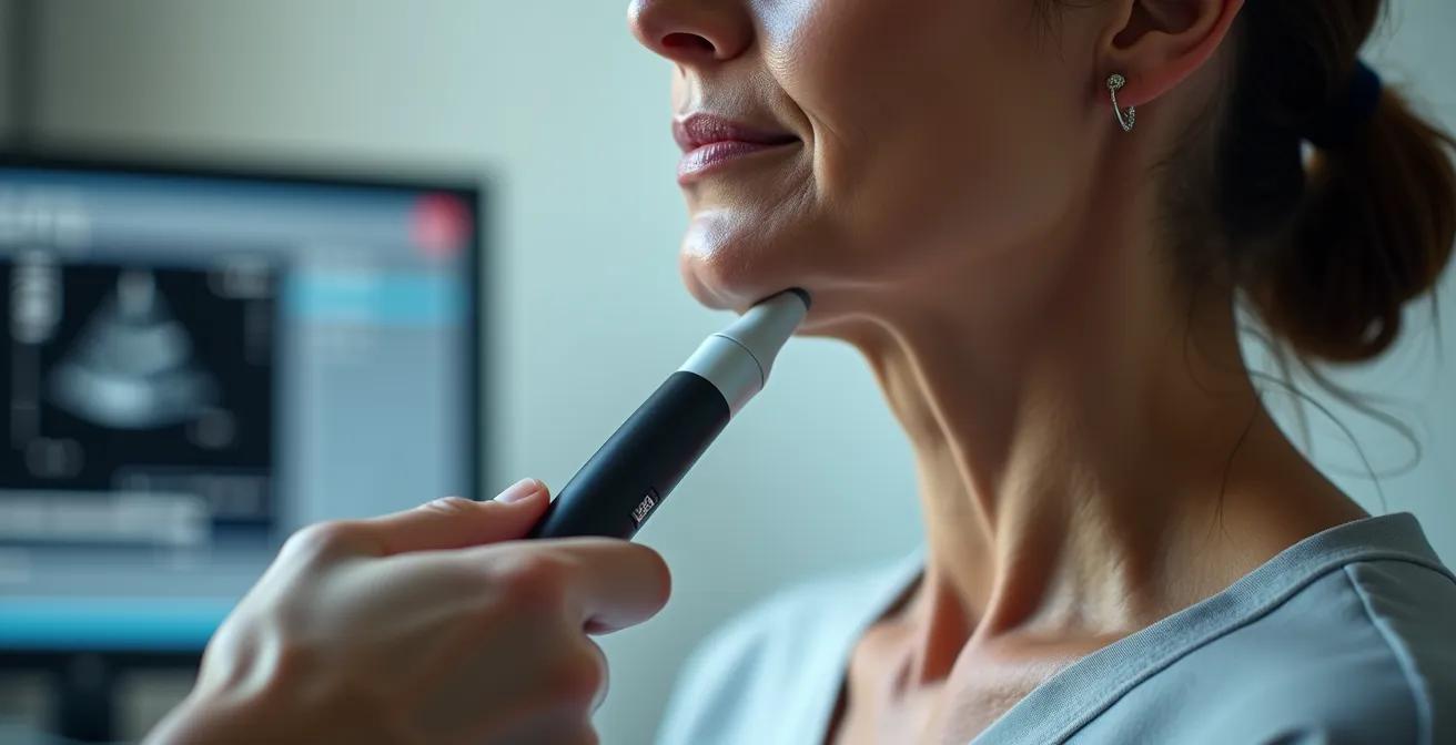 Nahaufnahme einer Ultraschalluntersuchung an der Halsschlagader eines Patienten