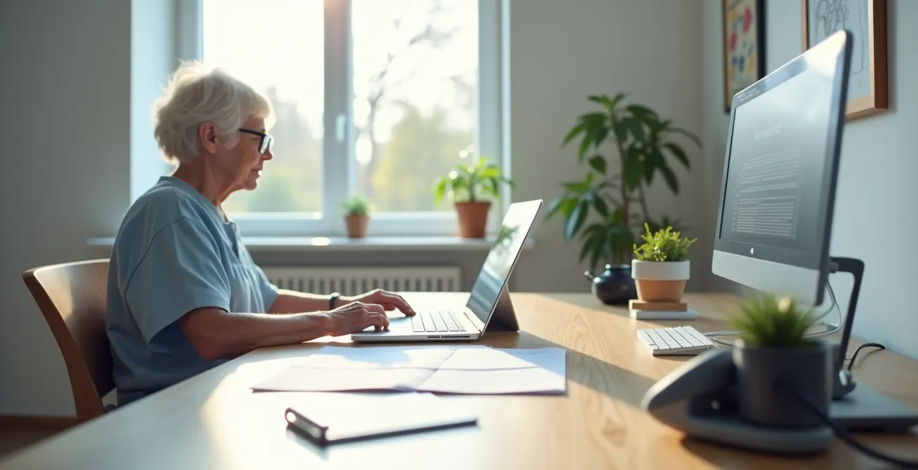 Patient am Schreibtisch mit Gesundheitsdokumenten für Videokonsultation