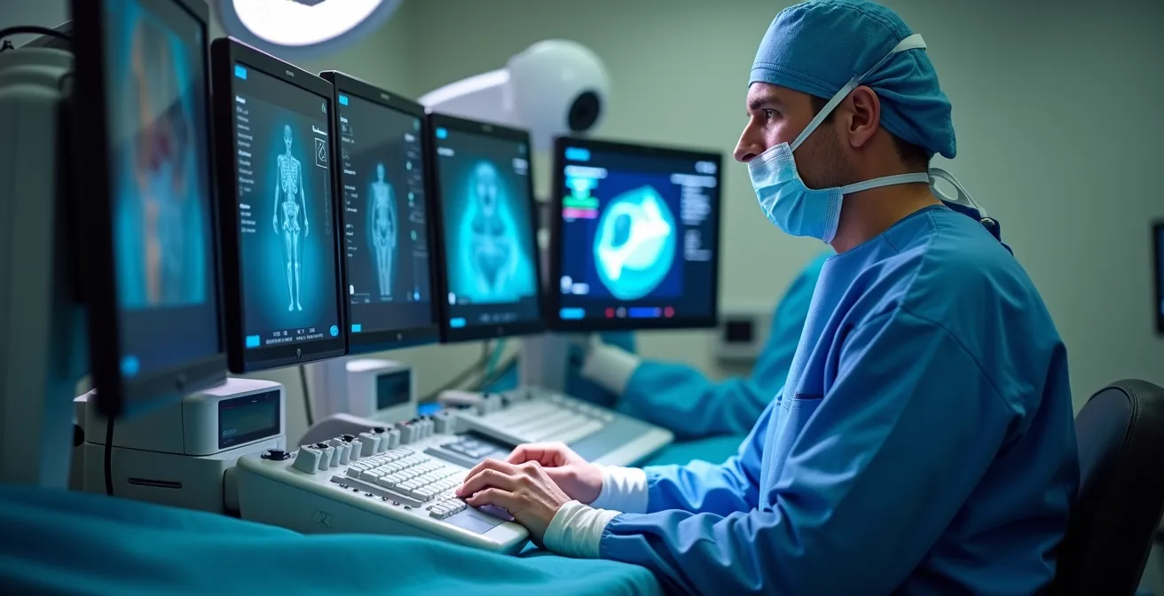 Chirurg an der Da Vinci Konsole mit 3D-Visualisierung des Operationsfeldes