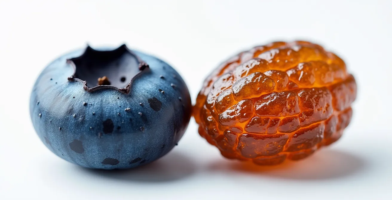 Makroaufnahme von frischen Heidelbeeren neben getrockneten Rosinen mit sichtbarer Textur