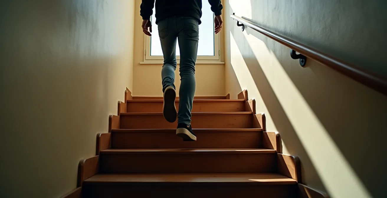 Eine Person steigt eine Treppe hinauf, als Symbol für alltägliche Bewegungs-Snacks.