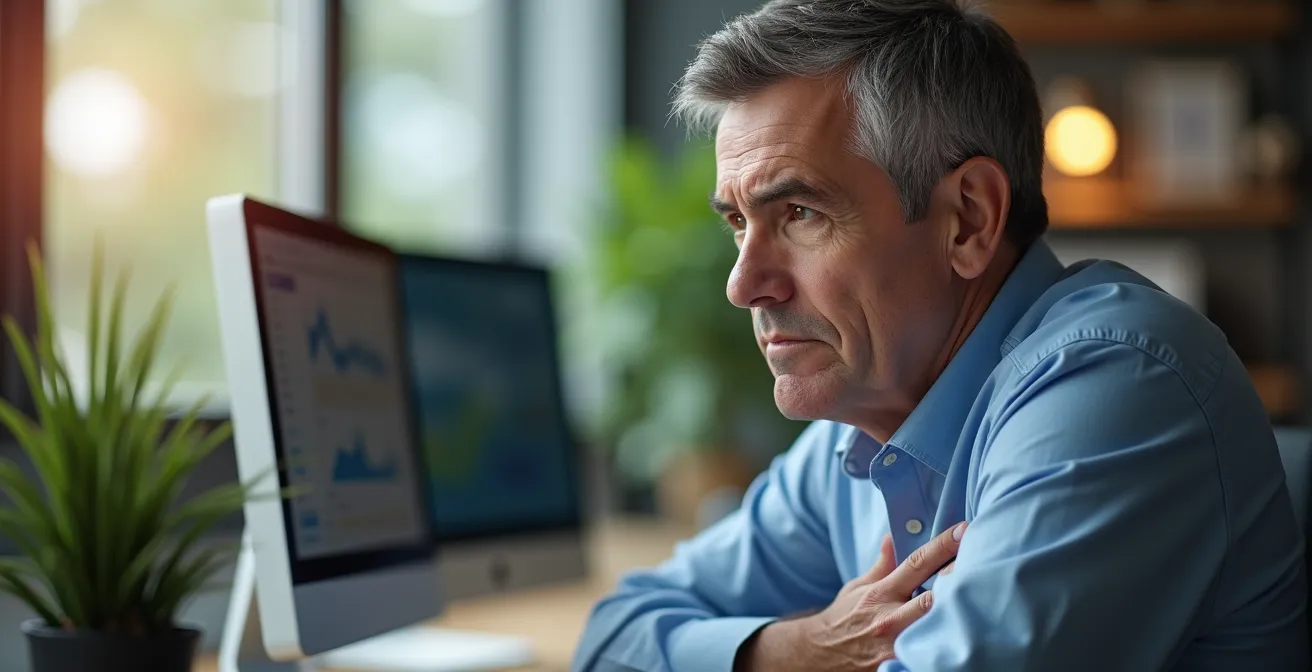 Geschäftsmann mit visualisierten Stresssymptomen im modernen deutschen Büro