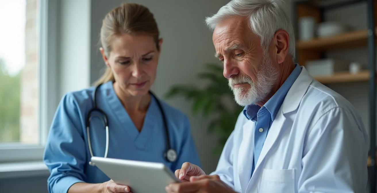 Visuelle Darstellung der Risikoberechnung für Schlaganfall bei Vorhofflimmern während eines Arztgesprächs.