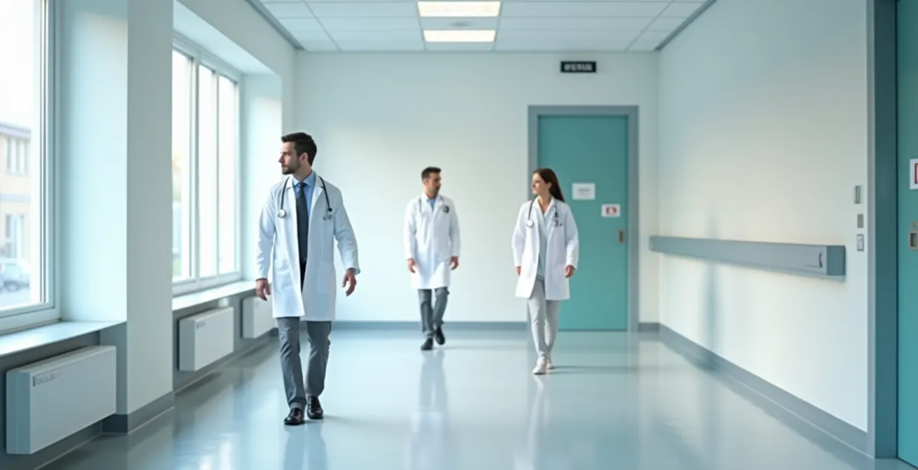 Krankenhausflur mit mehreren Ärzten in verschiedenen Positionen zur Darstellung der Hierarchie
