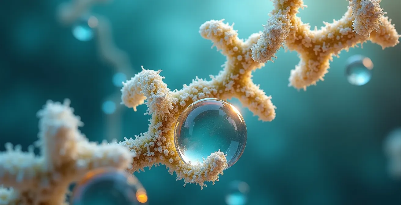 Makroaufnahme von Enzymstruktur und Medikamentenmolekülen