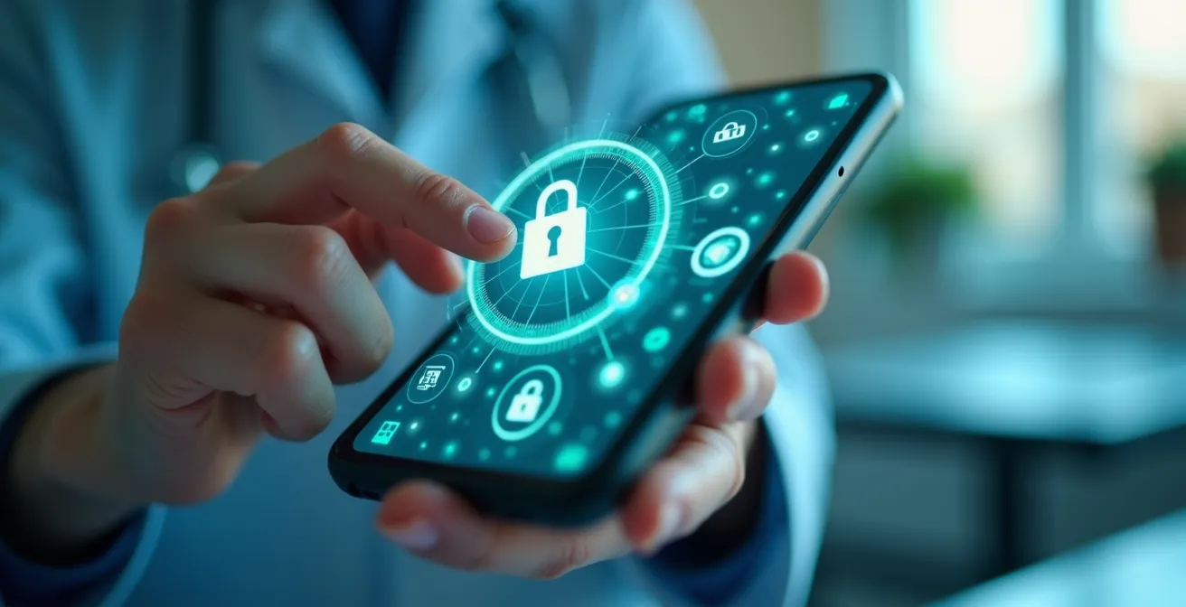 Eine Person kontrolliert symbolisch ihre digitalen Gesundheitsdaten auf einem Smartphone, was die Macht der Patientenrechte und der ePA darstellt.