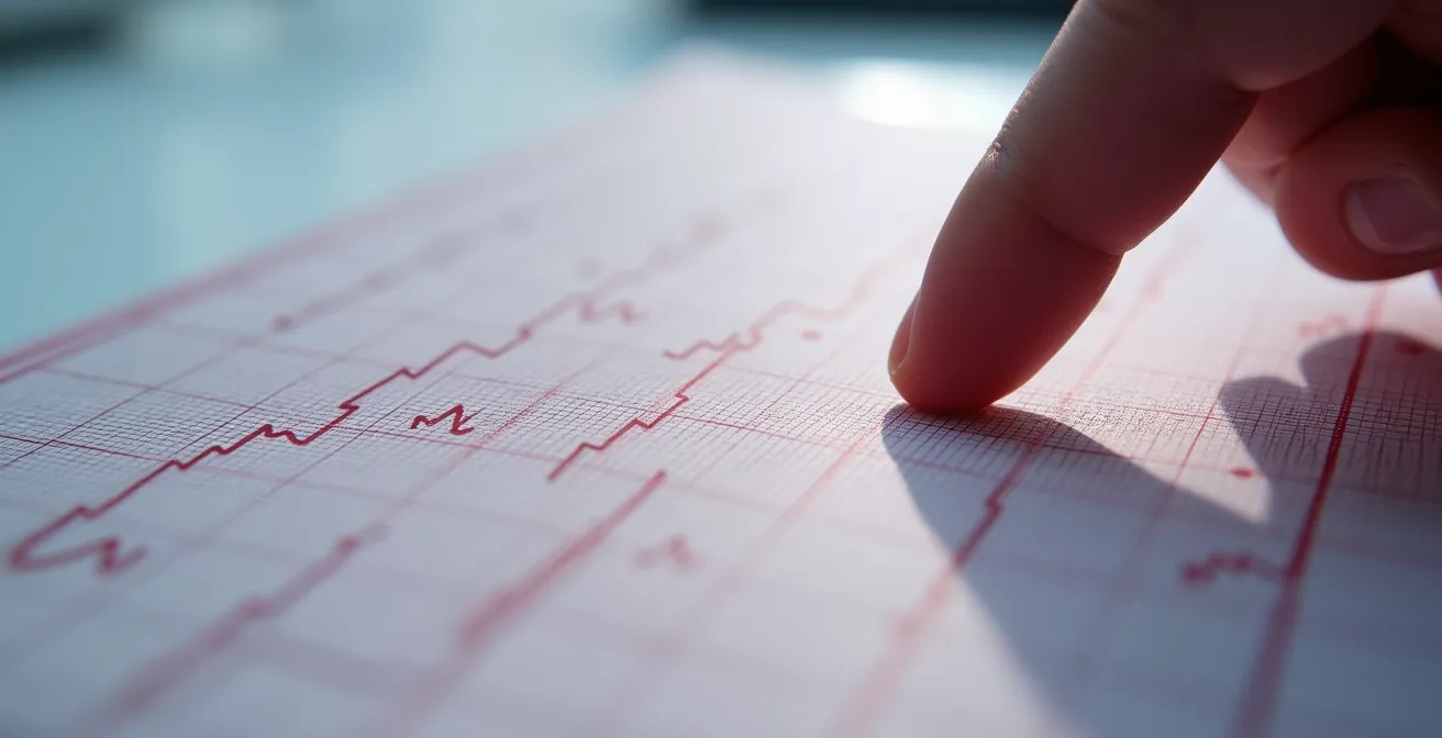 Nahaufnahme einer EKG-Kurve mit charakteristischer ST-Streckensenkung unter Belastung