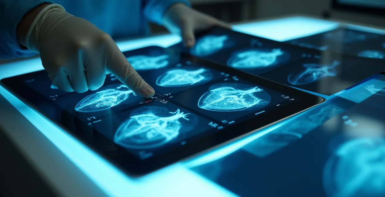 Ein interdisziplinäres Herz-Team bei einer Fallbesprechung, das verschiedene Bildgebungsdaten auf Monitoren analysiert.