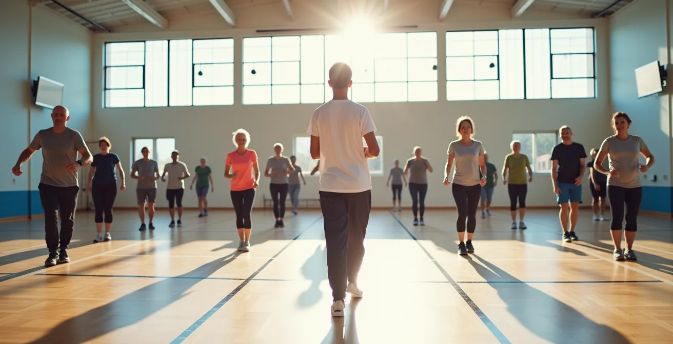 Herzsportgruppe beim gemeinsamen Training in einer Sporthalle unter Anleitung eines Trainers.