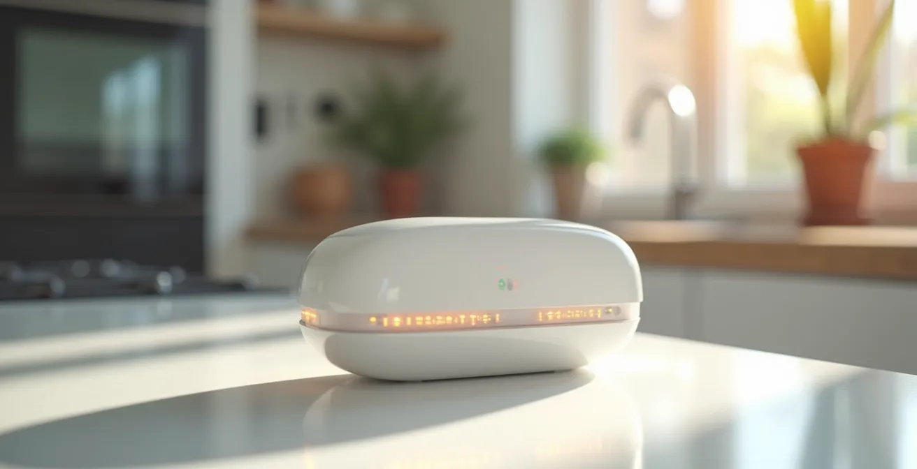 Moderne intelligente Pillendose mit LED-Anzeigen auf Küchentisch