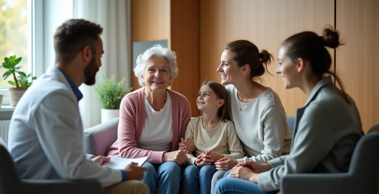 Familie verschiedener Generationen in Beratungssituation mit Arzt in deutscher Klinik