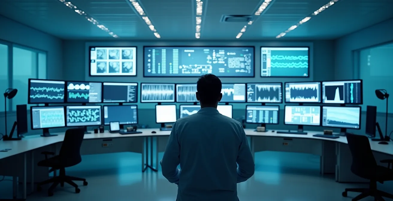 Weitwinkelaufnahme eines modernen Herzzentrums mit abstrakten Datenvisualisierungen