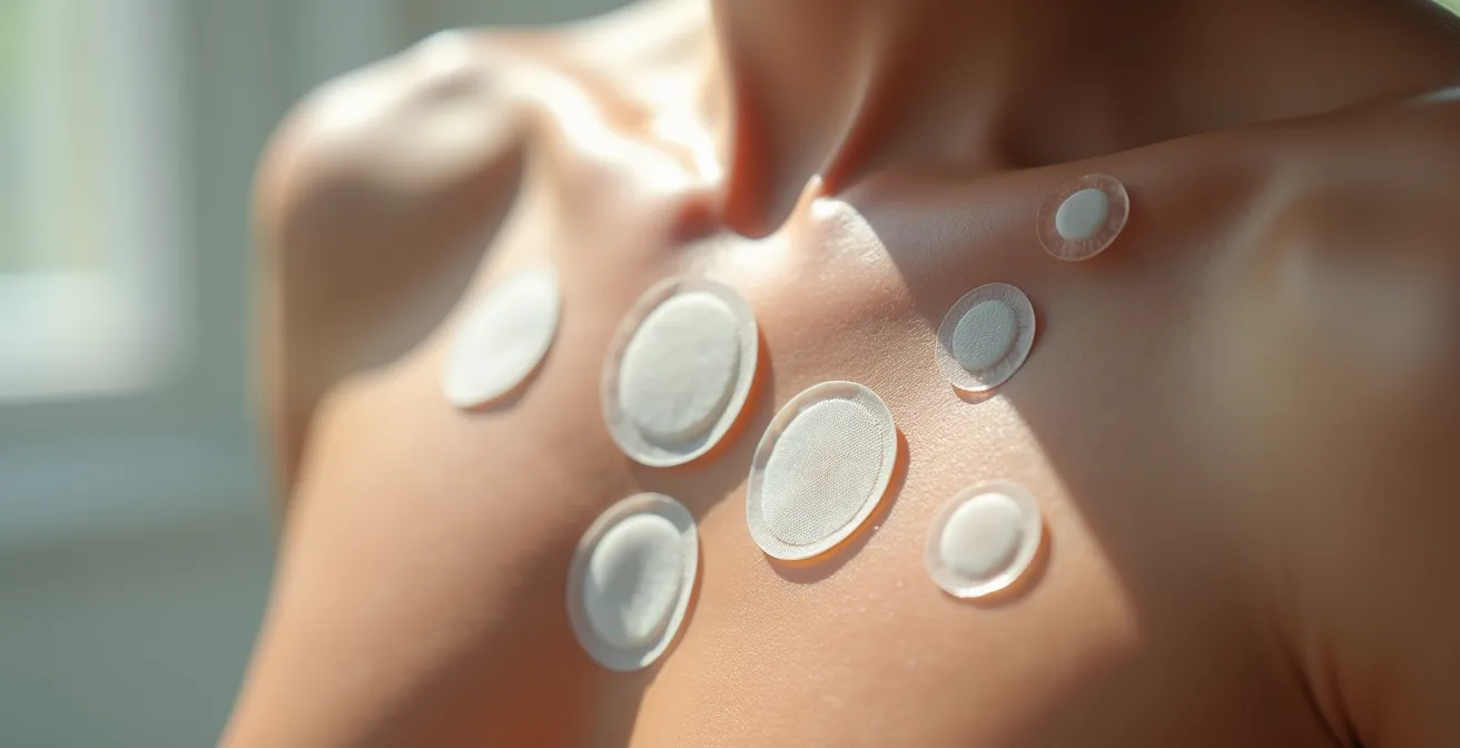 Nahaufnahme von Langzeit-EKG-Elektroden auf der Haut einer Person zur Erkennung von Vorhofflimmern.