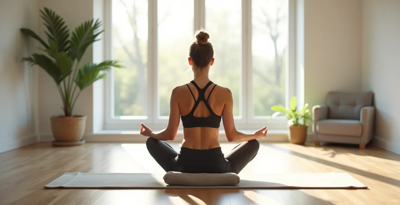 Person während MBSR-Übung mit HRV-Messung am Handgelenk in ruhiger Umgebung