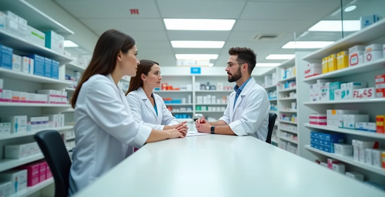 Apotheker berät einen Patienten zu den möglichen Kombinationen von verschiedenen Medikamenten in einer modernen deutschen Apotheke.