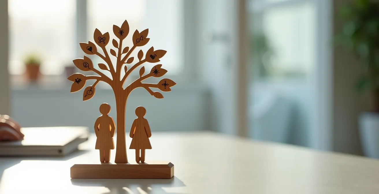 Medizinischer Familienstammbaum über drei Generationen mit Gesundheitssymbolen, der die Bedeutung der Vererbung von Gesundheitsrisiken darstellt.