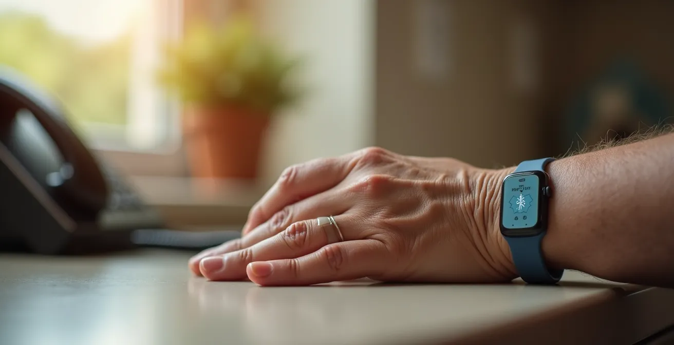 Nahaufnahme der Hand einer reiferen Frau, die ein medizinisches Notfallarmband trägt.
