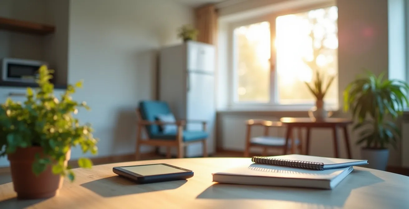 Wohnzimmer mit strategisch platzierten Sicherheitselementen für Herzpatienten