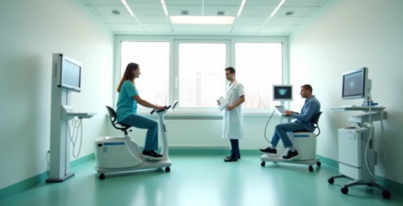 Weitwinkelaufnahme eines modernen Untersuchungsraums mit Patient auf speziellem Ergometer während Stressechokardiographie