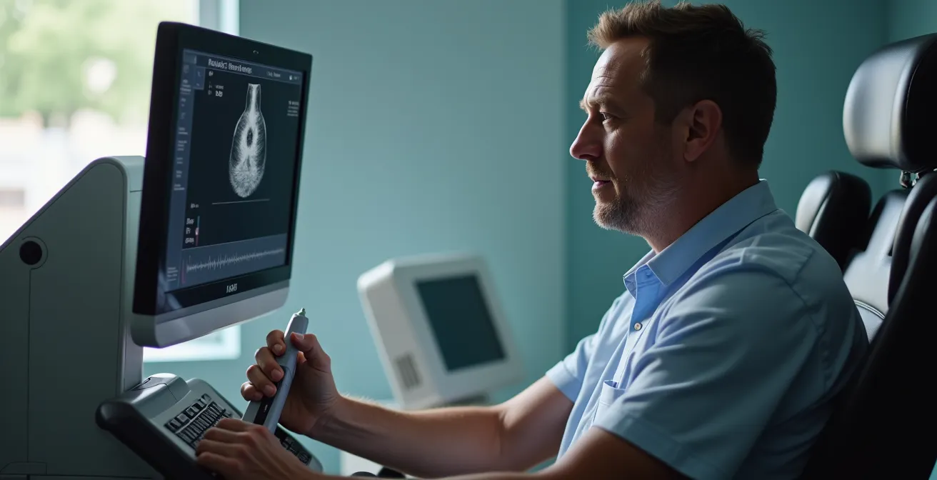 Stress-Echokardiographie mit Patient auf Fahrradergometer während Herzultraschall