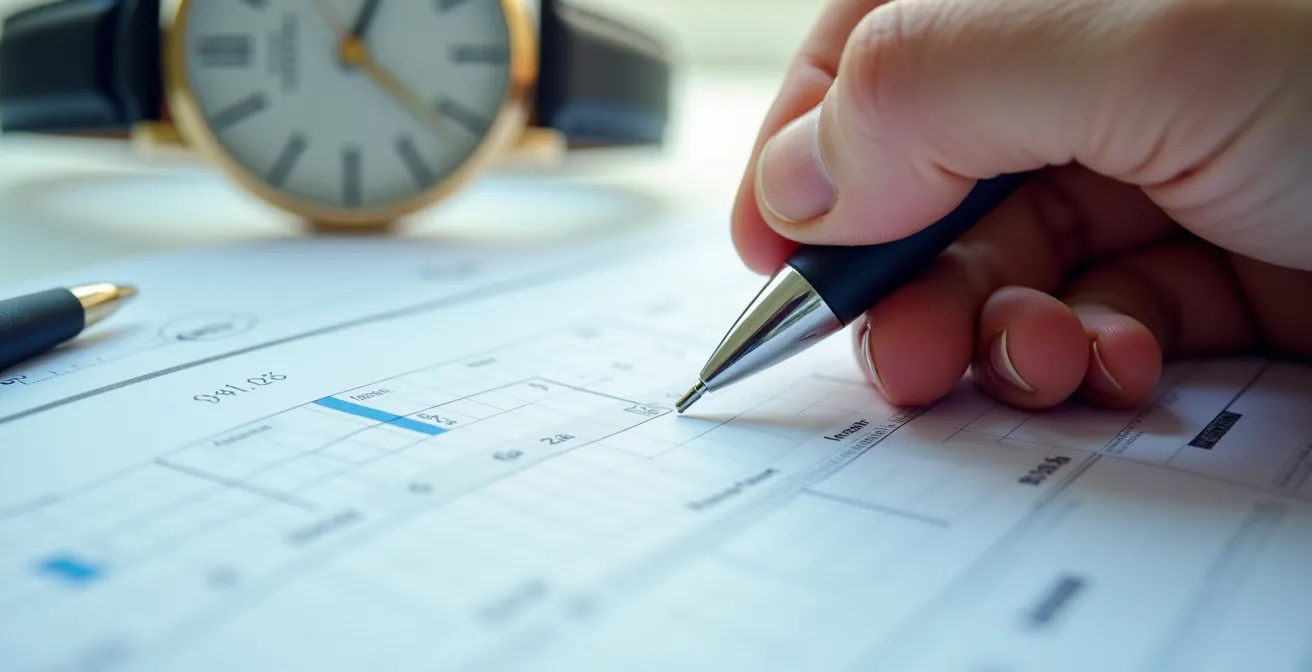 Nahaufnahme einer Hand beim Ausfüllen eines Symptomtagebuchs mit Uhr im Hintergrund