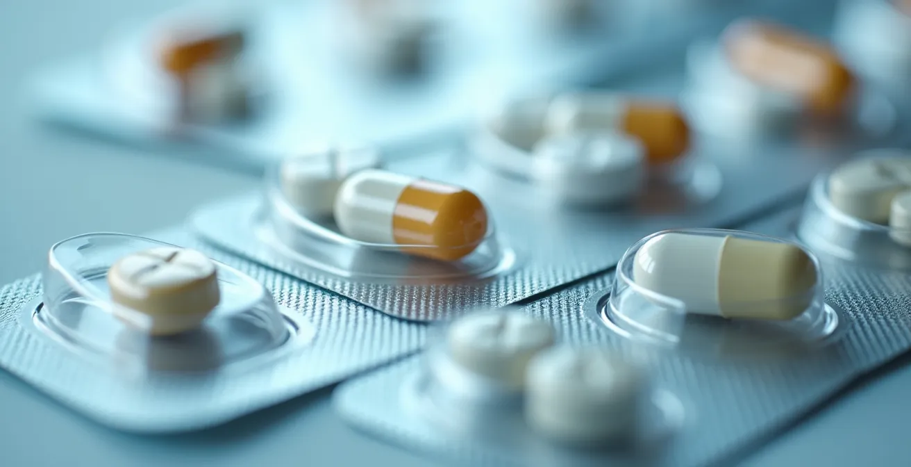 Fertig verpackte Medikamentenblister in durchsichtigen Tütchen für verschiedene Einnahmezeiten